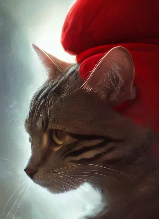 Prompt: side profile of a cat king wearing a crown and red robes, fantasy, digital painting, volumetric light, intricate, sharp, focus, bloom, illustration, highly detailed, concept art, matte, ruan jia, randy vargas, greg rutkowski