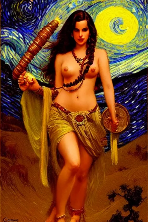 Image similar to attractive lana del rey as a shiva playing pinao, starry night, painting by gaston bussiere, craig mullins, j. c. leyendecker