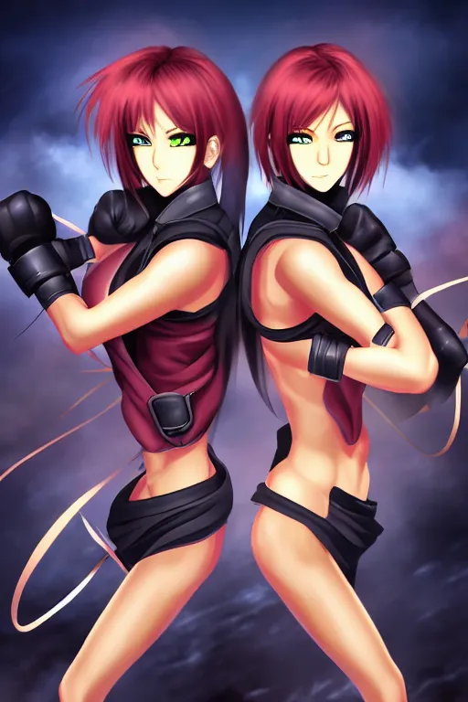 Image similar to two beautiful identical female fighters facing each, dim lighting, gorgeous features, high resolution, detailed digital anime art