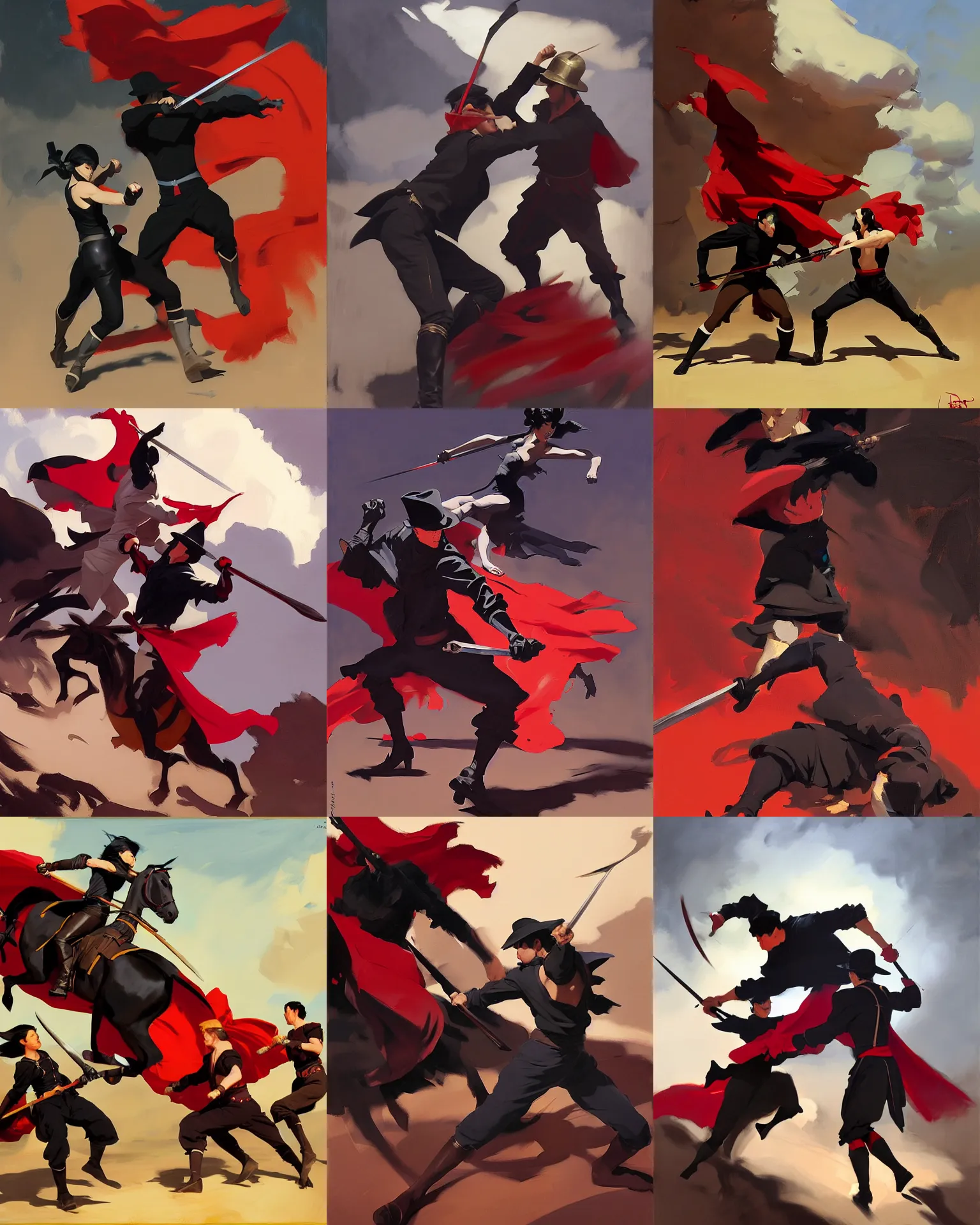 Prompt: black red cloth fabric jodhpurs greg manchess fighting scene painting by sargent and leyendecker, studio ghibli, fantasy, medium shot, asymmetrical, intricate, elegant, matte painting, illustration, hearthstone, by rhads by greg rutkowski, by greg tocchini, by james gilleard, by joe fenton