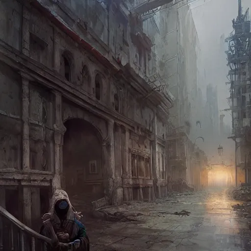 Image similar to a nurse with short sleeves and a mask on during an apocalyptic city, Matte painting , detailed painting, greg rutkowski