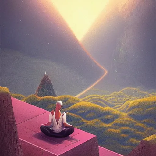 Image similar to a person meditating on hillside, concept art by chris labrooy, cgsociety, retrofuturism, sci - fi, concept art, futuristic