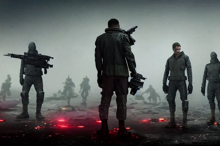 Image similar to vfx film closeup, blade runner 2 0 4 9 futuristic soldiers shoot at enemy robots futuristic war, battlefield, war zone, shootout, dilapidated city ruins, running, shooting, explosion, battlefront, leaping, flat color profile low - key lighting award winning photography arri alexa cinematography, big crowd, hyper real photorealistic cinematic beautiful, atmospheric cool colorgrade