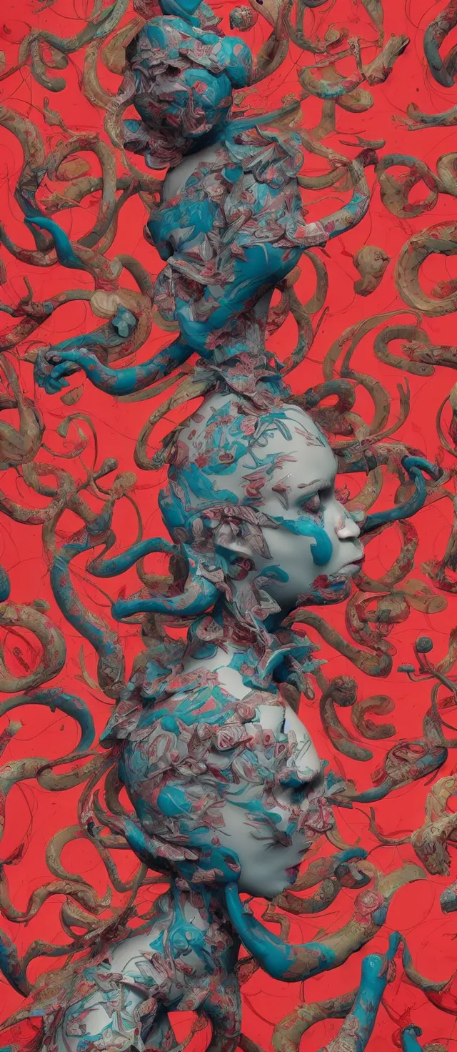 Prompt: evil by james jean, high quality masterpiece painted, detailed patterned background, 4 k, trending on artstation, octane render,