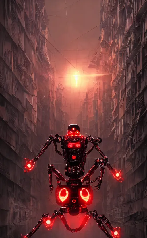 Image similar to a robot humanoid spider in a city, with 4 arms with claws, glowing red eyes, in a black carbon and red fiber armor, smiling creepily, dynamic lighting, photorealistic fantasy concept art, trending on art station, stunning visuals, creative, cinematic, ultra detailed