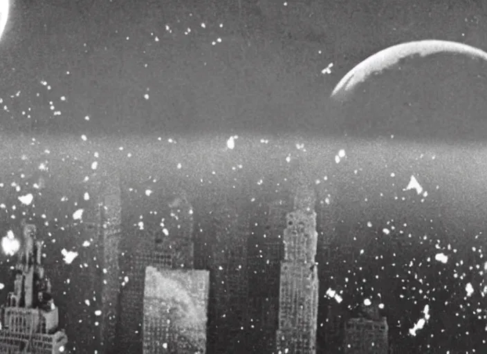 Image similar to vintage film still of the moon exploding shattering fragments in the sky around the exploding moon over new york city in the 1 9 2 0 s from the old sci - fi movie