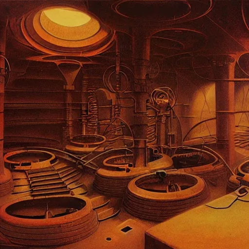 Prompt: painting of a syd mead scifi ancient civilzation interior engine room, beksinski