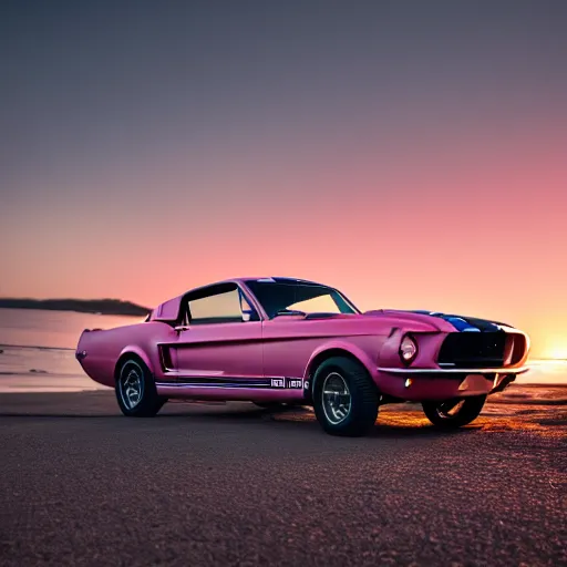 Image similar to long shot of 1967 Ford mustang Shelby GT500 in pink color at sunset in front a beach, 4k, HD Photography