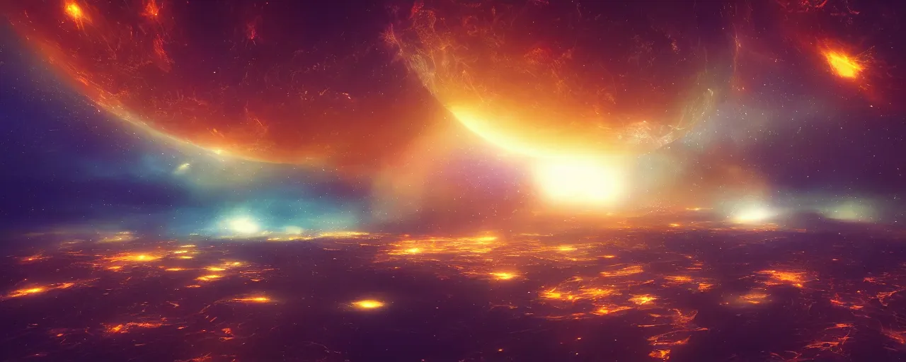 Image similar to warm colours, cinematic render of atmospheric deep space, glowing epicentre, volumetric lighting, cathrin machin