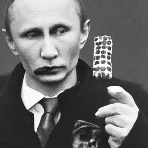 Prompt: gothic vladimir putin smoking a greggs sausage roll