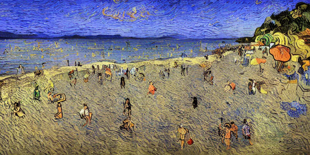 Image similar to People in beach, beach is between the two valleys, by Salvador Dali and Van Gogh collaboration, sun set, digital art, high details, drone wide shot