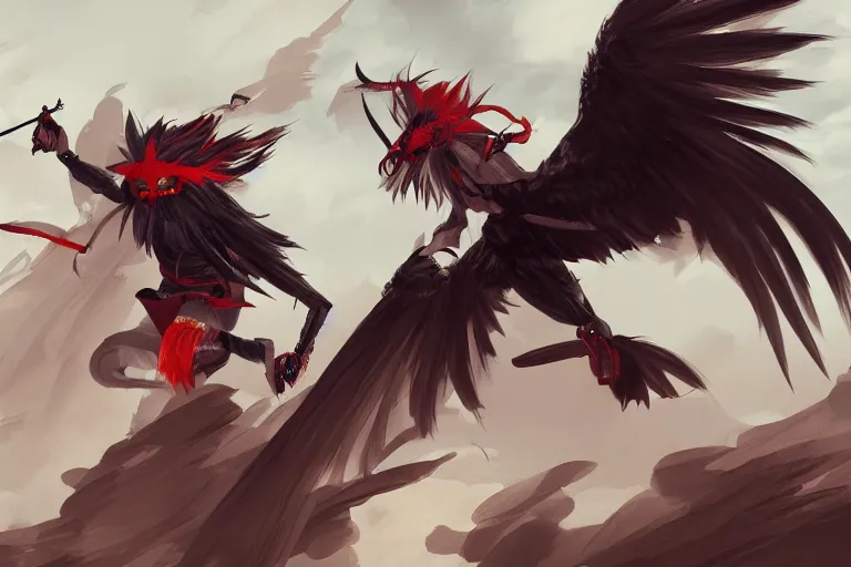 Image similar to a man in a tengu mask controlling the wind with his hands, dynamic, action pose, digital painting, WLOP, trending on artstation, 8k, epic composition, highly detailed, sharp focus