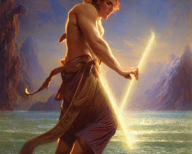 Image similar to attractive male wizard casting powerful giant tsunami spell in a beautiful lake. highly detailed painting by gaston bussiere, craig mullins, j. c. leyendecker 8 k