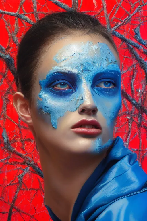 Prompt: hyperrealism oil painting, close up portrait, fashion model cyborg in black robe, soft light, soft colors, red waves pattern mixed with blue forest in front, in style of classicism