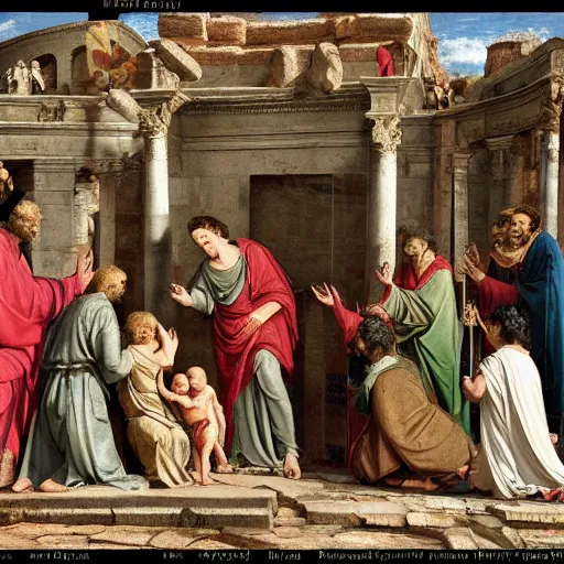 Prompt: the birth of jesus christ depicted inside the roman forum, julius caesar in the centre holding baby jesus