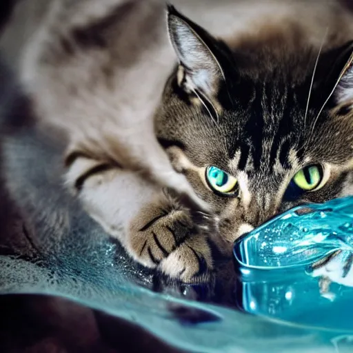 Prompt: photo of a cat swimming inside a glass of martini, on the beach