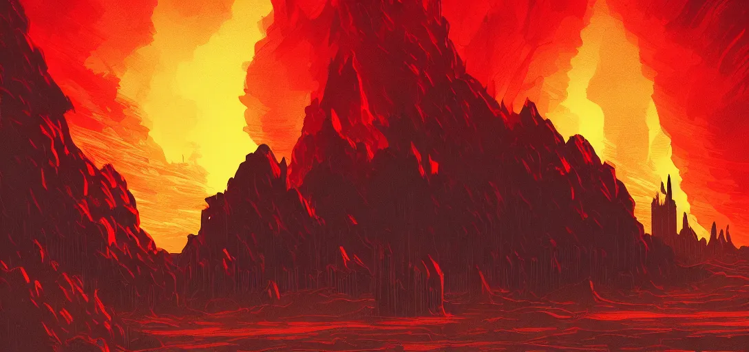 Prompt: divine cathedral made of fire, seen in the distance on the horizon, on a desert planet, black smoke particles, dark colors, red background, dark underground cave, in the graphic style of and Patrick Gleason, low key lighting, detailed art, trending on Artstation, sharp focus, comic art, horror concept art, smooth,