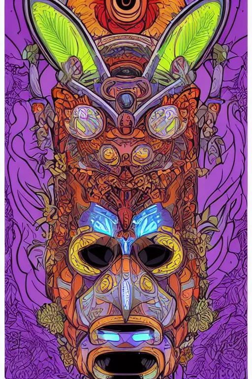 Image similar to animal mask totem roots flower tribal feather gemstone plant wood rock shaman vodoo video game vector cutout illustration vivid multicolor borderlands comics by josan gonzales and dan mumford radiating a glowing aura