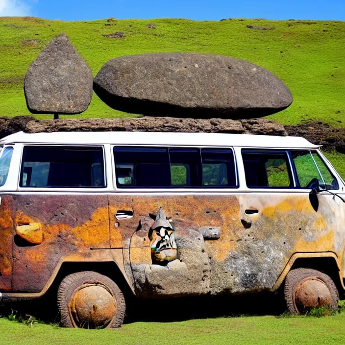 Image similar to ancient vw bus made of stone on the besch, moai from rapa nui style