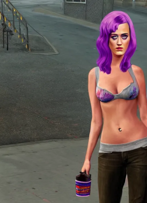 Prompt: Highly detailed full-body portrait of homeless Katy Perry, in GTA V, Stephen Bliss