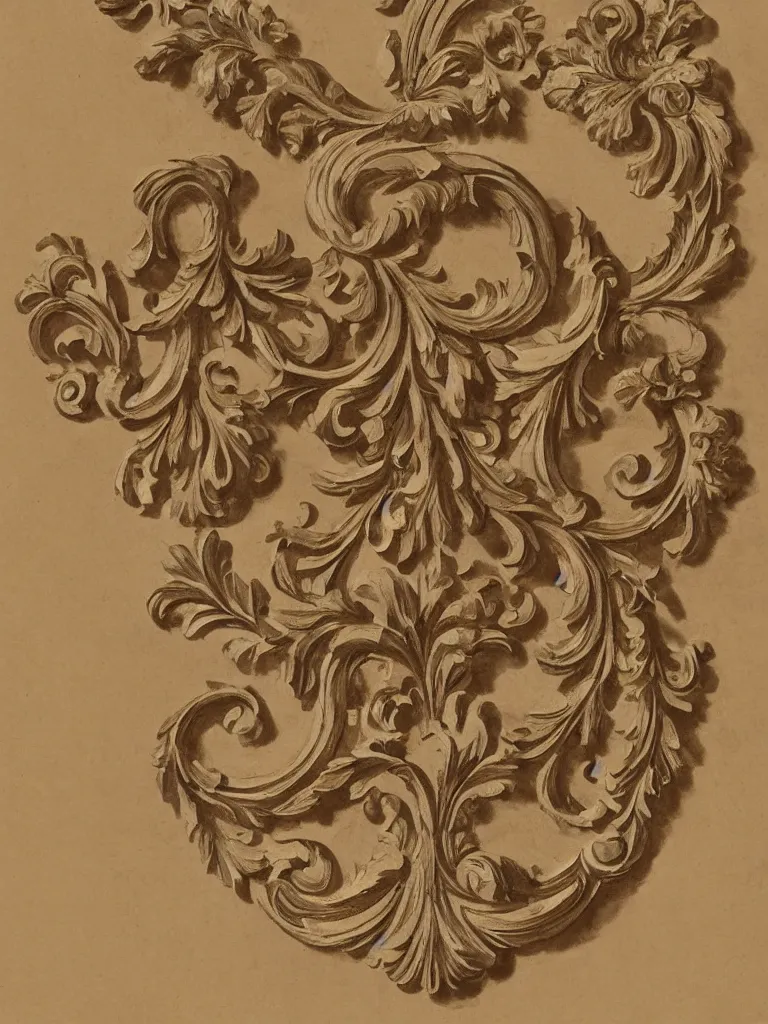 Image similar to a beautiful and masterful engraving decorative ornamental emblem, acanthus, floral, acroteria, arabesque, bead and reel, beams, bocage, cartouche, caulicoli, dentils, eagle, rendered in octane