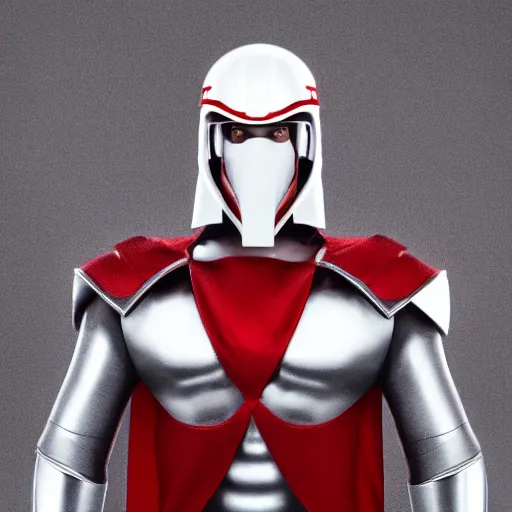 Image similar to headshot of a tall athletic muscular infantry man in glossy sleek white armor with tiny red details and a long red cape, heroic posture, strong jawline, on the surface of mars, night time, dramatic lighting, cinematic, sci-fi, hyperrealistic, godrays, diffused lighting, movie still