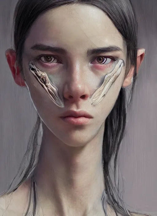 Image similar to a professional painting of a beautiful young female alien, clothed in ethereal armor, olive skin, long dark hair, beautiful bone structure, symmetrical facial features, intricate, elegant, digital painting, concept art, smooth, sharp focus, illustration, from Valerian and the City of a Thousand Planets, by Ruan Jia and Mandy Jurgens and Artgerm and William-Adolphe Bouguerea