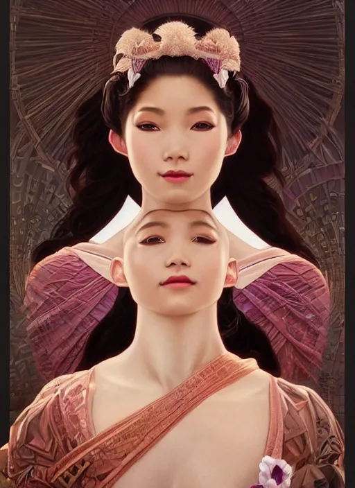 Image similar to ultra realistic illustration, smiling nubian geisha prima ballerina, sci - fi, fantasy, symmetrical face, intricate, elegant, highly detailed, digital painting, artstation, concept art, smooth, sharp focus, illustration, art by artgerm and alphonse mucha