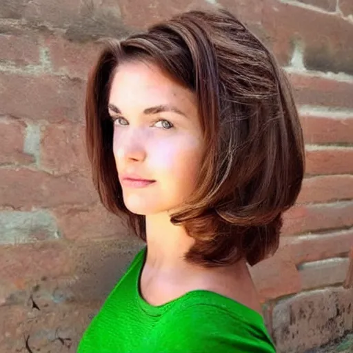 Image similar to brunette woman, flipped hairstyle, bright green eyes