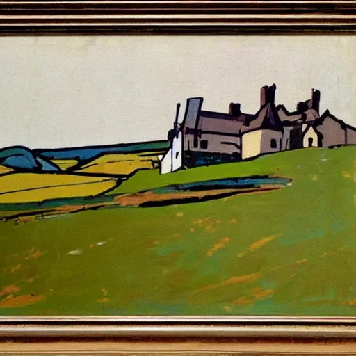 Prompt: painting of a house on a hill, painting by william nicholson