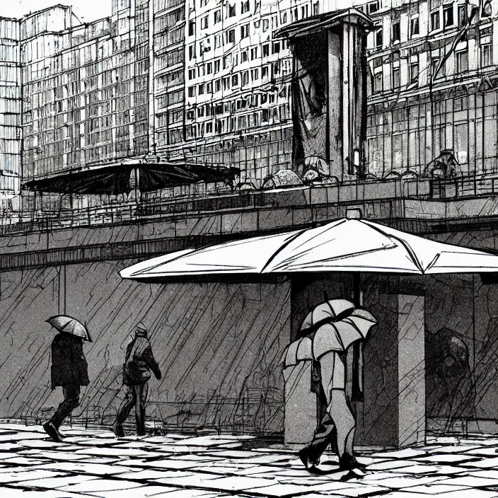 Prompt: market stall with umbrellas for sale, in a square, pedestrians walk past. background of old soviet monument. storyboard, scifi cyberpunk. by gabriel hardman, joe alves, chris bonura. cinematic atmosphere, detailed and intricate, perfect anatomy