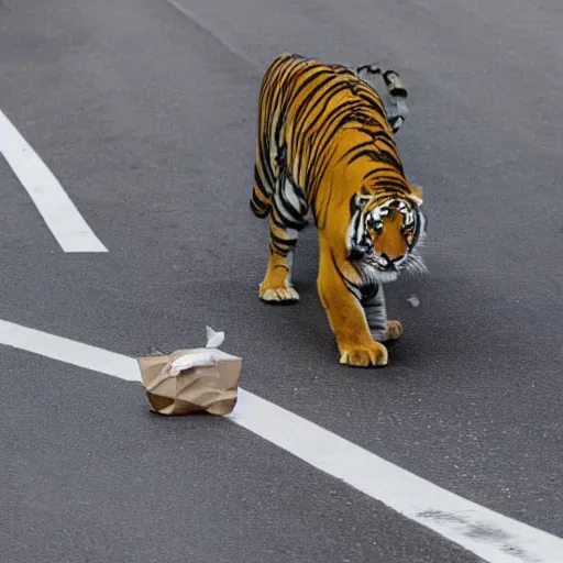 Prompt: photo of tiger with paper bag stuck over its head, in busy street