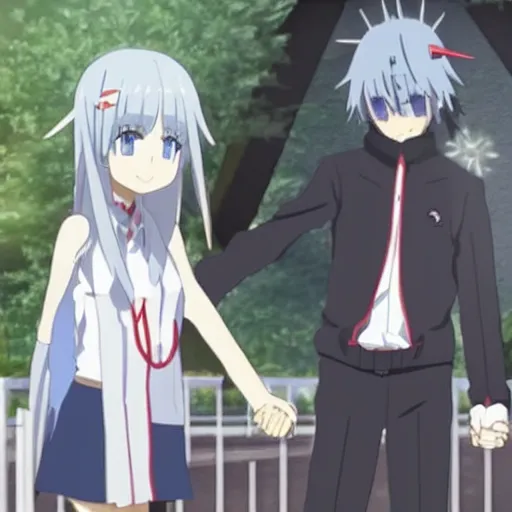 Image similar to Hikigaya Hachiman holding hands with Zero Two in front of the Eiffel Tower