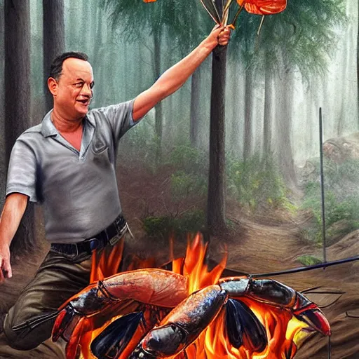 Image similar to Tom Hanks as forrest holding a giant shrimp on a stick over a campfire in the jungle, realistic digital painting, in the style of Aleksi Briclot, photoreailstic, realistic face, amazing detail, sharp