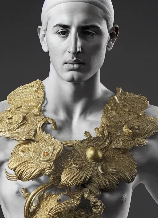 Image similar to a statue made of white marble with gold veins, of klay thompson, full body shot, perfect symmetrical body, perfect symmetrical face, hyper realistic, hyper detailed, by johannen voss, by peter kemp, by monia merlo, by michelangelo, by ernst haeckel, octane render, blender, 8 k