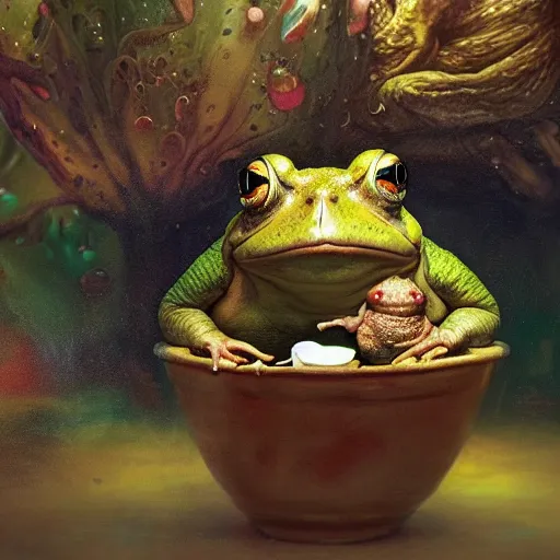 Image similar to long shot of a crazy toad baby sitting in a searose cup, by esao andrews, by m. w. kaluta, very humorous illustration, small depth of field, perspective perception, volumetric light, psychedelic colors, 3 d octane render, 8 k, conceptart, hyperdetailed, hyperrealistic, trending on artstation