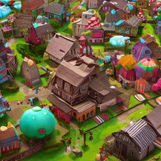 Image similar to Village made of sweets, 4k octane render, detailed art, artstation, streetview, CGSociety, deviantart