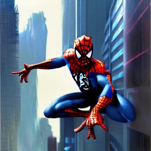 Prompt: futuristic depiction of spiderman, futuristic style spiderman, cyberpunk, craig mullins, large eyes, white webbing, comic book art