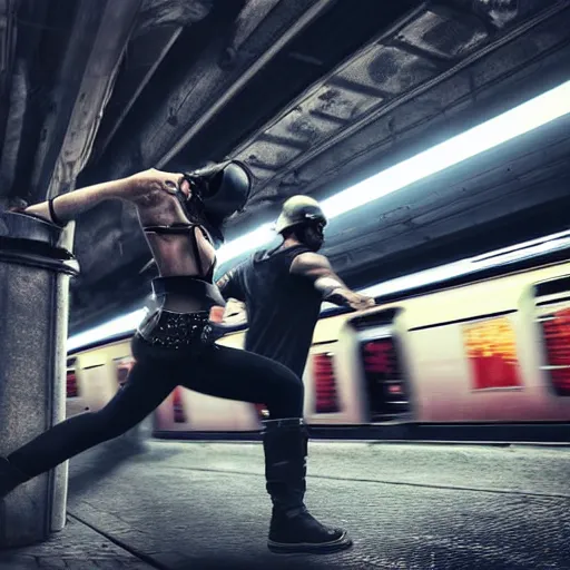 Image similar to man spartan kicking woman off train, cyberpunk, subway station, realistic, sharp, clear