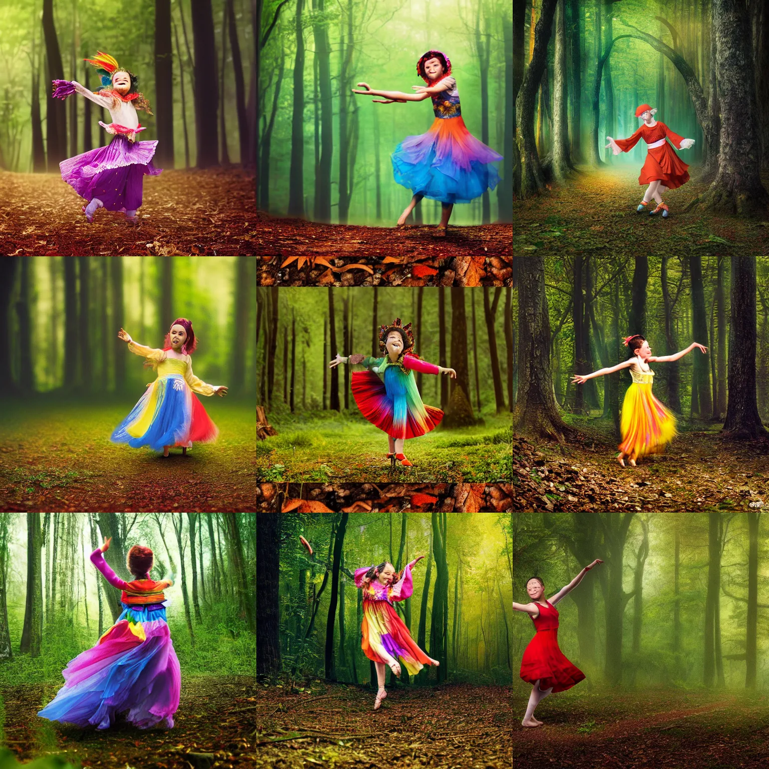 Prompt: multicolor photo of a funny little female mage dancing in the woods by annie leibovitz created at variant in 4 k ultra high resolution and with macro, with inspiring feeling