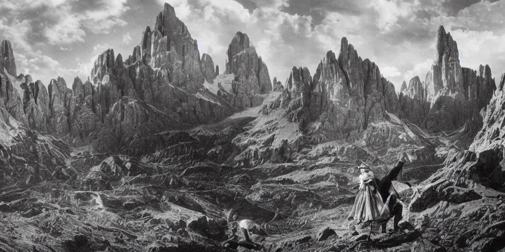 Prompt: 1920s photography of witch-hunt, dolomites in the background, occult signs, witch burning, pyre, solstice fire, alp, dolomites, alpine, detailed intricate insanely detailed octane render, 8k artistic 1920s photography, photorealistic, black and white, chiaroscuro, hd, by David Cronenberg, Raphael, Caravaggio