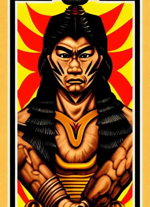 Image similar to lapu - lapu tarot card portrait fullbody, vintage artwork, filipino artwork, indonesian art, cruz herrera jose, trending on artstation