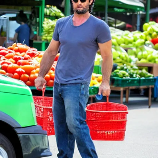 Image similar to wolverine wearing crocs while shopping for tomatoes at a farmers market,