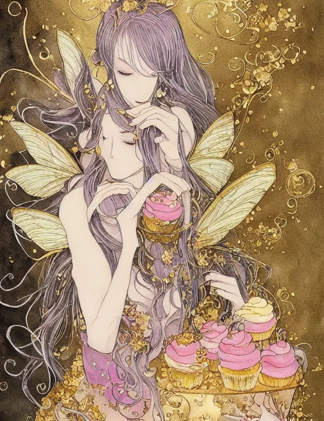 Prompt: faerie spirit of cupcakes, lost in a liminal space. this watercolor and gold leaf work by the award - winning mangaka has a beautiful composition and intricate details.