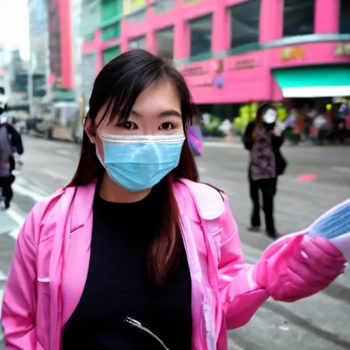 Prompt: taiwanese young woman wears pink medical mask, in the streets