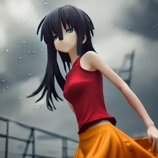 Image similar to beautiful anime woman in 3d style, wearing a skirt and a tanktop, perfect body, standing in the rain, high quality anime art, trending on artstation, 8K octane render