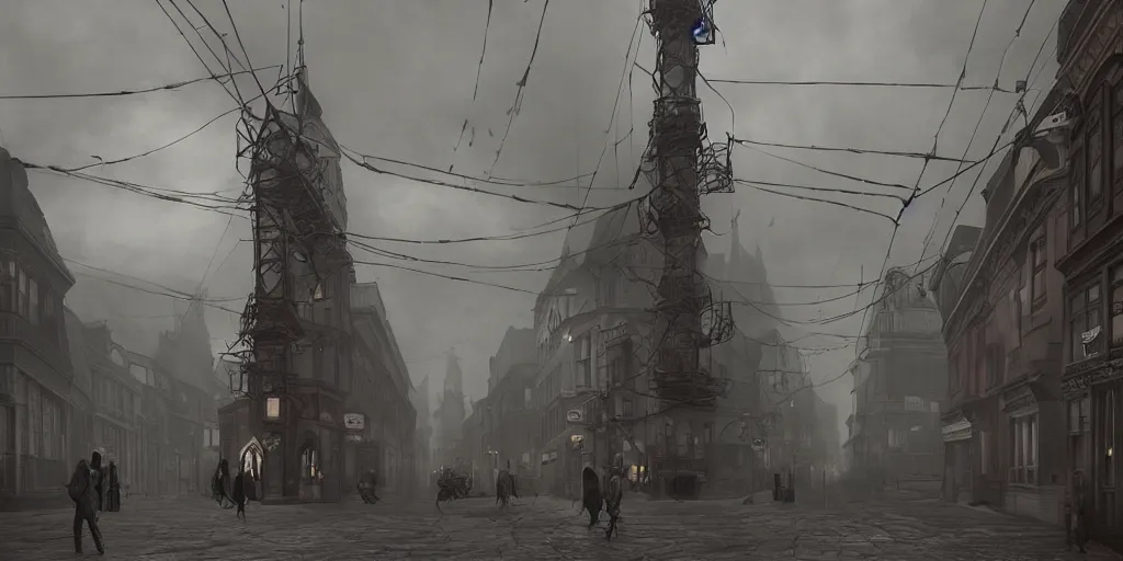 Prompt: A street-level view of a gloomy fantasy Victorian-era town, single-point perspective centered in a radio tall, foreboding radio tower with cast-iron walkways; muted colors cloudy weather, artstation, octane render, cgi, cgsociety, volumetric lighting, cinematic, colorful, ray traced, ambient occlusion, depth of field, fog,