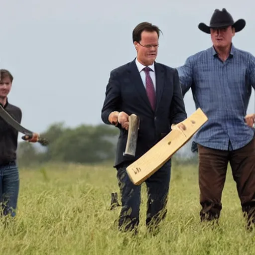 Image similar to mark rutte wielding an axe hitting cows, on farmland