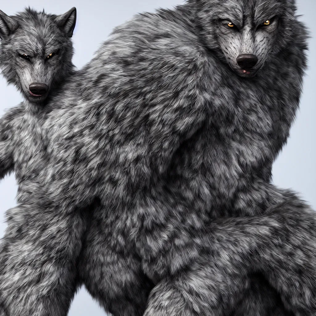 Image similar to portrait of man transforming into a werewolf with grey realistic fur, high detail, hyper realism, unreal engine, 8 k