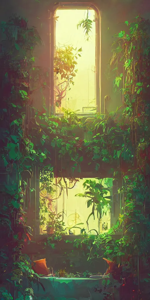 Prompt: lush windowsill with plants on it, looking out toward a solarpunk cityscape, vignette of Victorian windowsill, detailed digital concept art by anton fadeev and marc simonetti, trending on artstation